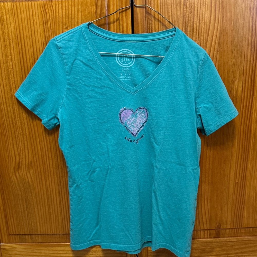 Life Is Good Turquoise V-Neck Tee with Heart
